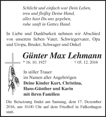 Traueranzeige von Günter Max Lehmann von Märkische Oderzeitung