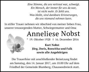 Traueranzeige von Anneliese Nobst von Märkische Oderzeitung