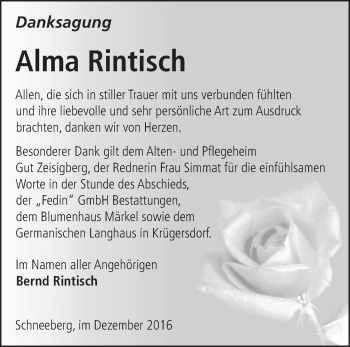 Traueranzeige von Alma Rintisch von Märkische Oderzeitung