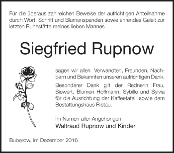 Traueranzeige von Siegfried Rupnow von Märkische Oderzeitung