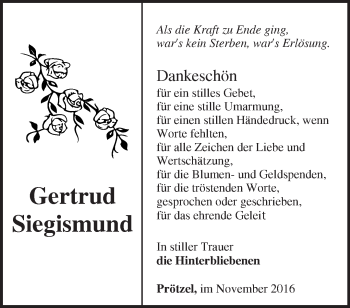 Traueranzeige von Gertrud Siegismund von Märkische Oderzeitung