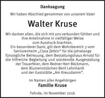 Traueranzeige von Walter Kruse von Märkische Oderzeitung