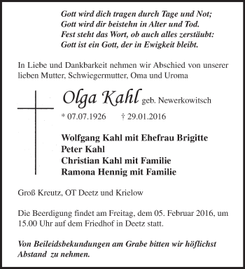 Traueranzeige von Olga Kahl von Märkische Oderzeitung