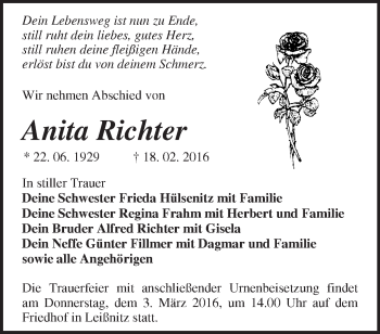 Traueranzeige von Anita Richter von Märkische Oderzeitung