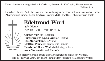 Traueranzeige von Edeltraud Wurl von Märkische Oderzeitung