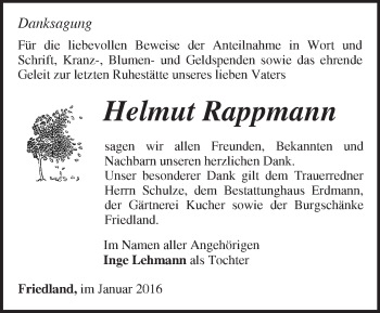 Traueranzeige von Helmut Rappmann von Märkische Oderzeitung