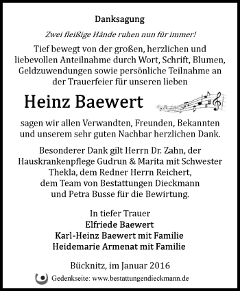 Traueranzeige von Heinz Baewert von Märkische Oderzeitung