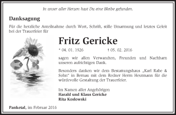 Traueranzeige von Fritz Gericke von Märkische Oderzeitung