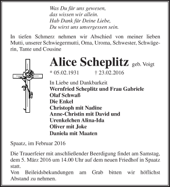 Traueranzeige von Alice Scheplitz von Märkische Oderzeitung