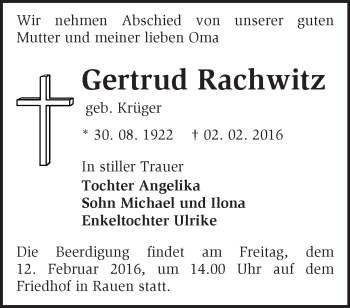 Traueranzeige von Gertrud Rachwitz von Märkische Oderzeitung