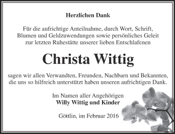 Traueranzeige von Christa Wittig von Märkische Oderzeitung