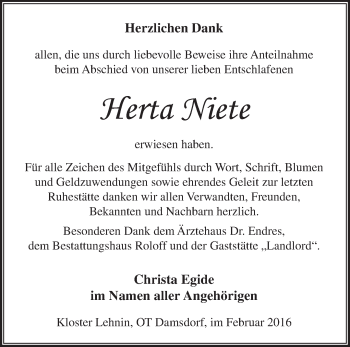 Traueranzeige von Herta Niete von Märkische Oderzeitung