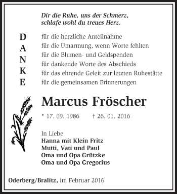 Traueranzeige von Marcus Fröscher von Märkische Oderzeitung