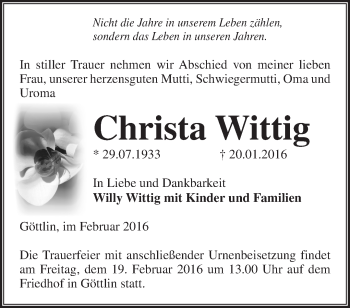 Traueranzeige von Christa Wittig von Märkische Oderzeitung