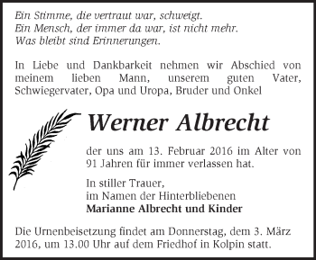 Traueranzeige von Werner Albrecht von Märkische Oderzeitung