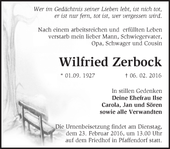 Traueranzeige von Wilfried Zerbock von Märkische Oderzeitung