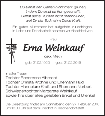 Traueranzeige von Erna Weinkauf von Märkische Oderzeitung