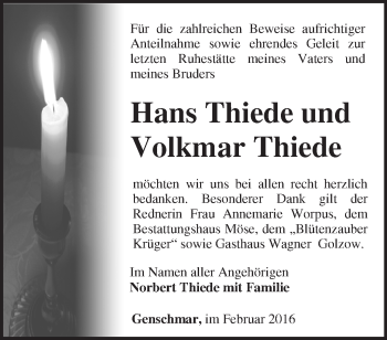 Traueranzeige von Hans und Volkmar Thiede von Märkische Oderzeitung