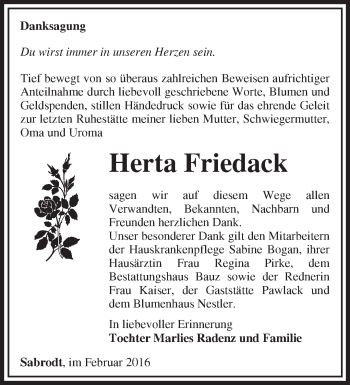 Traueranzeige von Herta Friedack von Märkische Oderzeitung