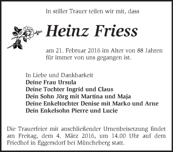 Traueranzeige von Heinz Friess  von Märkische Oderzeitung