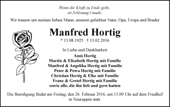 Traueranzeige von Manfred Hortig von Märkische Oderzeitung