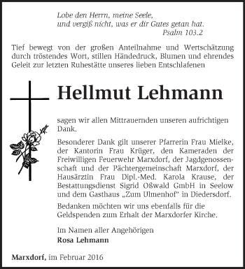 Traueranzeige von Hellmut Lehmann von Märkische Oderzeitung