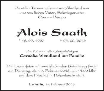 Traueranzeige von Alois Saath von Märkische Oderzeitung