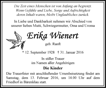 Traueranzeige von Erika Wienert von Märkische Oderzeitung