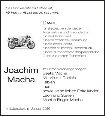 Traueranzeige von Joachim Macha von Märkische Oderzeitung