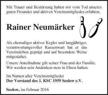 Traueranzeige von Rainer Neumärker von Märkische Oderzeitung