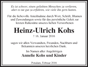 Traueranzeige von Heinz-Ulrich Kohs von Märkische Oderzeitung