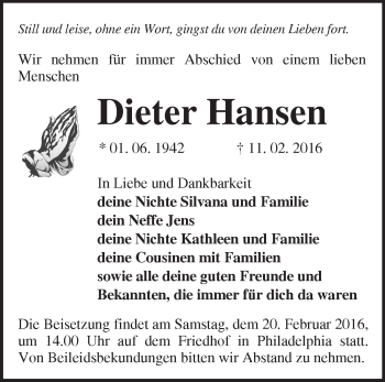 Traueranzeige von Dieter Hansen von Märkische Oderzeitung