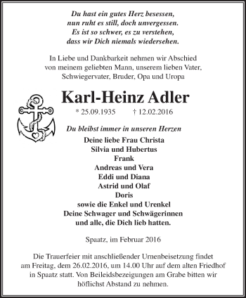 Traueranzeige von Karl-Heinz Adler von Märkische Oderzeitung