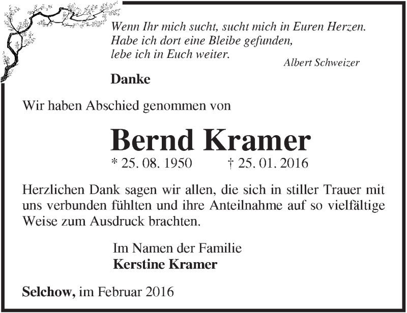 Traueranzeigen Von Bernd Kramer Markische Onlinezeitung Trauerportal