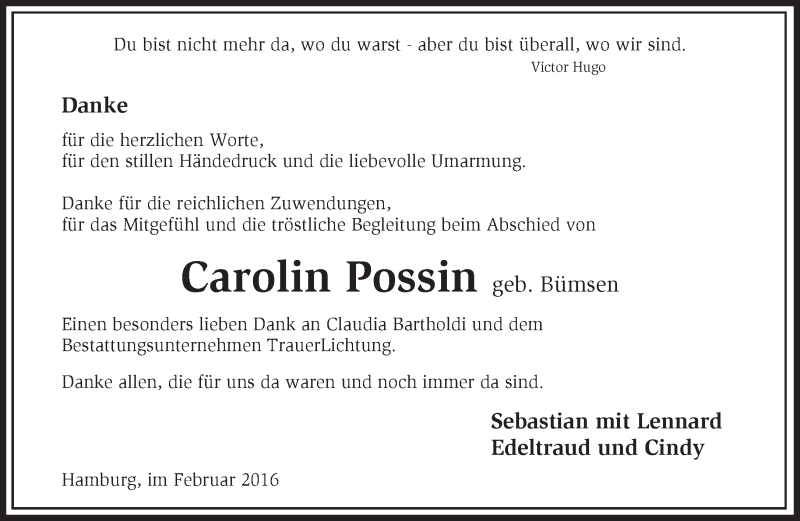  Traueranzeige für Carolin Possin vom 06.02.2016 aus Märkische Oderzeitung