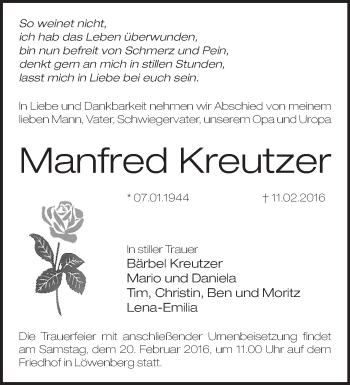 Traueranzeige von Manfred Kreutzer von Märkische Oderzeitung