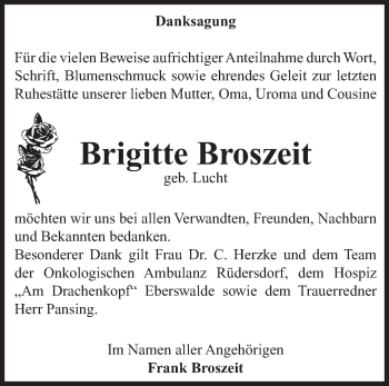 Traueranzeige von Brigitte Broszeit von Märkische Oderzeitung