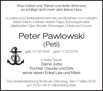 Traueranzeige von Peter Pawlowski von Märkische Oderzeitung