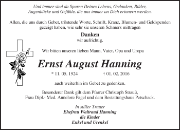 Traueranzeige von Ernst August Hanning von Märkische Oderzeitung