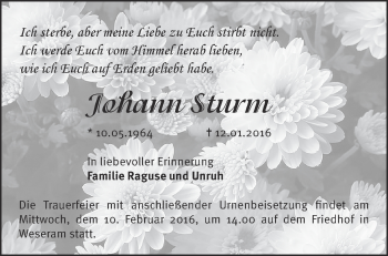 Traueranzeige von Johann Sturm von Märkische Oderzeitung