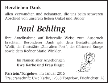 Traueranzeige von Paul Behling von Märkische Oderzeitung