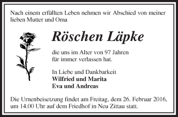 Traueranzeige von Röschen Läpke von Märkische Oderzeitung