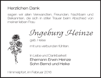 Traueranzeige von Ingeburg Heinze von Märkische Oderzeitung