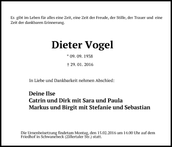 Traueranzeige von Dieter Vogel von Märkische Oderzeitung