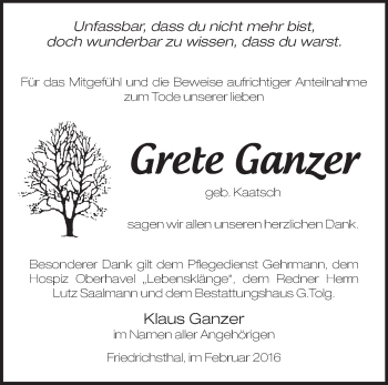 Traueranzeige von Grete Ganzer von Märkische Oderzeitung