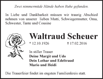 Traueranzeige von Waltraud Scheuer von Märkische Oderzeitung