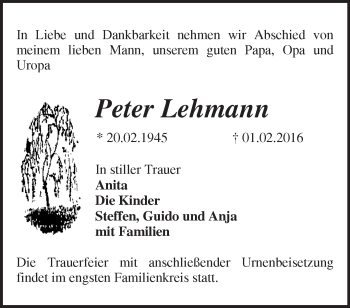 Traueranzeige von Peter Lehmann von Märkische Oderzeitung