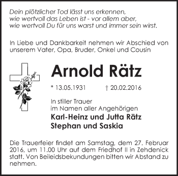 Traueranzeige von Arnold Rätz von Märkische Oderzeitung