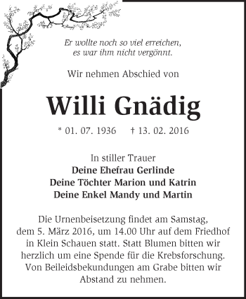 Traueranzeige von Willi Gnädig von Märkische Oderzeitung