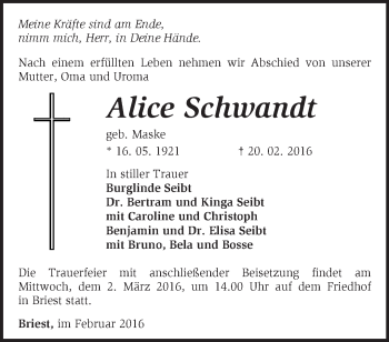 Traueranzeige von Alice Schwandt von Märkische Oderzeitung